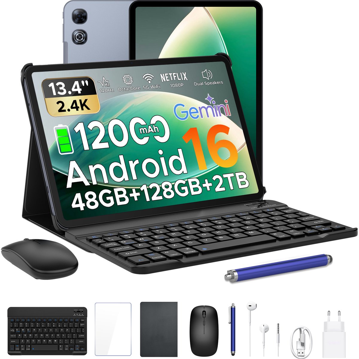 Aorlym P13 Tablets - 48 GB RAM 128 GB ROM - 13,4 inch 2,4K 120 Hz - Android 16 - Gemini AI - 12000 mAh/18 W - Face ID - Widevine L1 - 13 MP + 8 MP camera - Dubbele luidsprekers - Tablet met toetsenbord en pennenhouder - Grijs