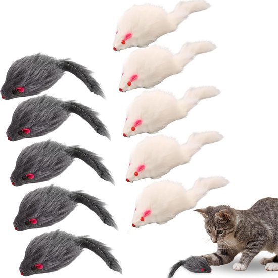 Twaalf pluche muizenspeeltjes: zes grijze en zes witte, met rode oortjes en oogjes. Een grijze kitten speelt met een muis.