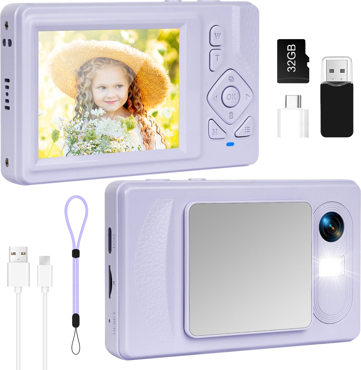 4K Digitale Camera voor Beginners & Kinderen - 48MP Fotocamera met Autofocus - 18X Zoom - Compact Camera met 2.8" Scherm - Inclusief 32GB SD-kaart & Handig Opbergzakje - Paars