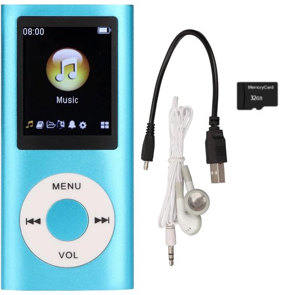 Lichtblauwe MP3-speler met muzieknoot-icoon op scherm, witte oortjes, USB-kabel en 32GB geheugenkaart.