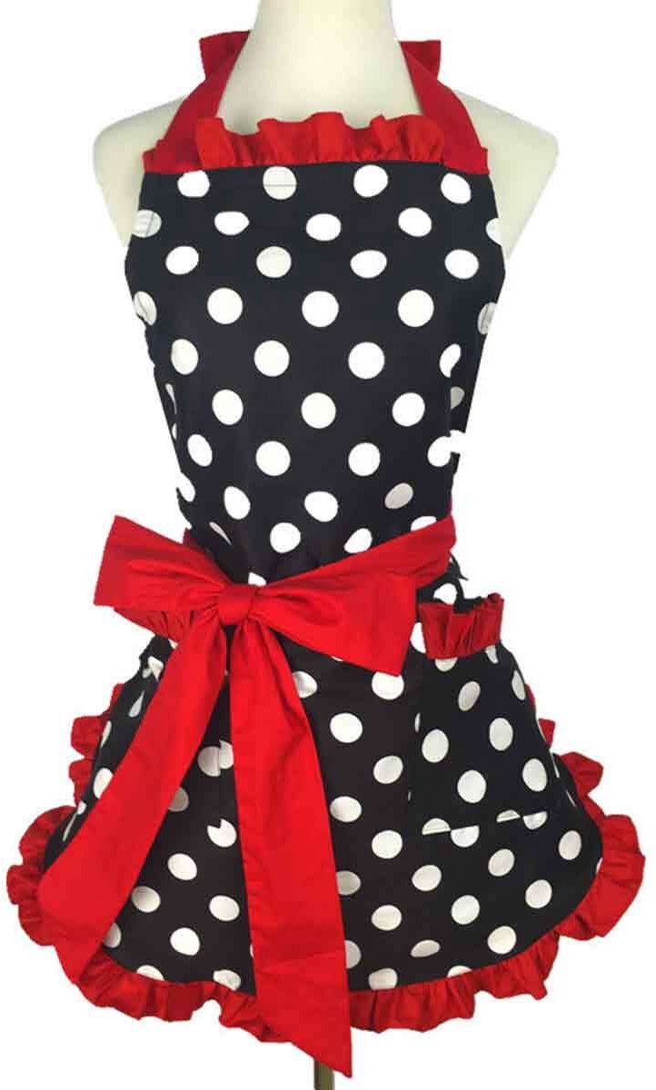 Gigicial Damesschort - Keukenschort voor dames - Vintage jaren 50 stijl/verstelbare schouderband - 1 stuk - Geschikt voor keukens en themafeesten, rood en wit