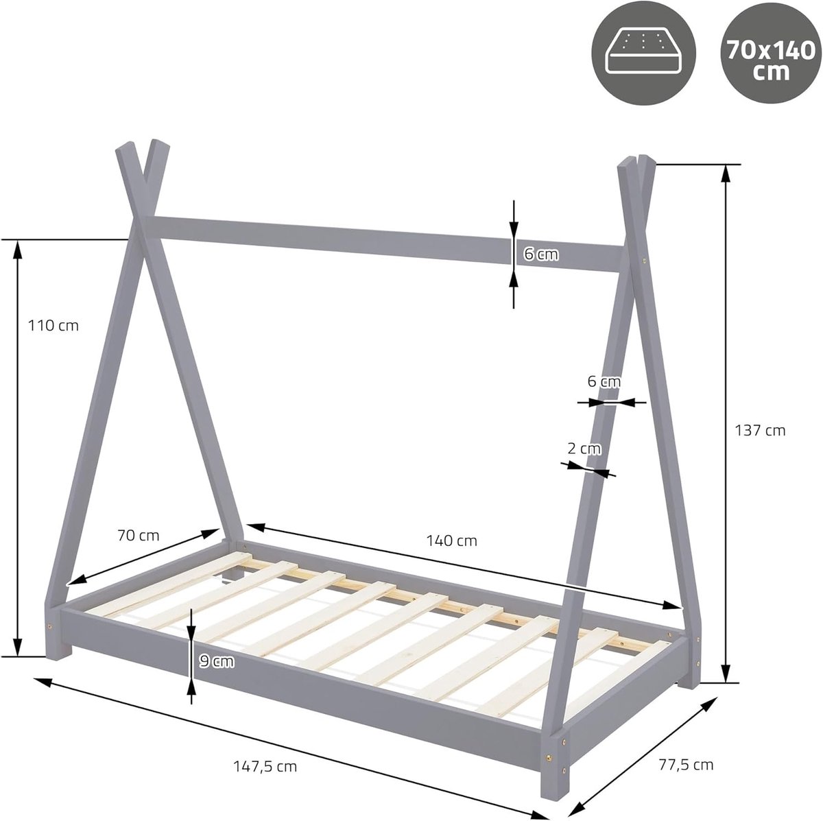 Tipi Kinderbed 70x140 cm – Casa Velluto DreamTeepee™ Lichtgrijs – Massief Grenenhout – Inclusief Lattenbodem – Huisbed / Speelbed voor Jongens & Meisjes 2-6 Jaar