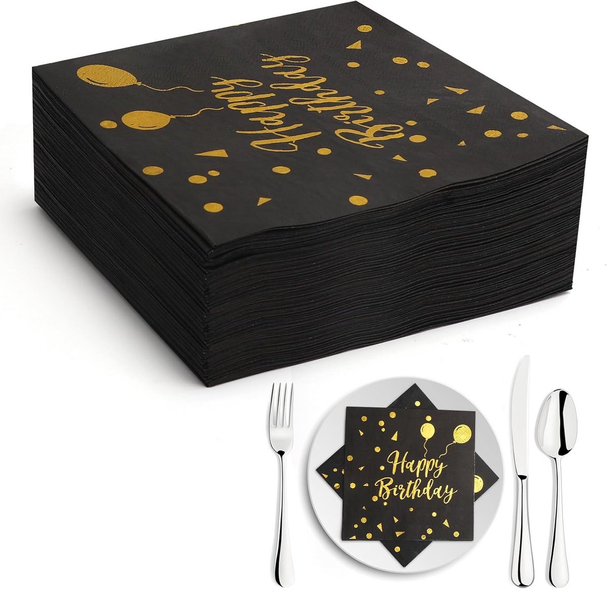 100 Zwarte Servetten met Ballonprint - Happy Birthday - 33x33 cm Feestservetten