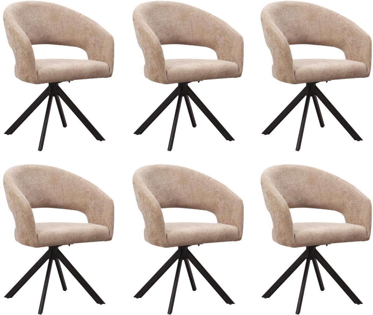 Ams Living® Eetkamerstoel Draaibaar 6 stuks | Ronde afwerking | Stof | Kleur Taupe Zand Bruin | Eettafel Stoelen | Design Stoelen Eettafel 6 stoelen