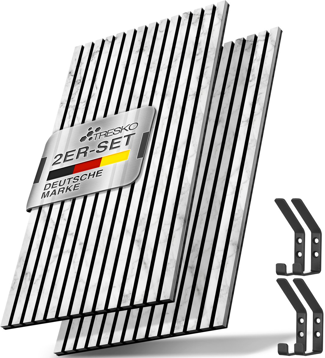 TRESKO Akoestische panelen, van hout, 120 x 60 cm, inclusief 4 x kledinghaken, wandbekleding, wit/marmer als 3D-lamellenwand, houten panelen voor geluidsisolatie, akoestische wandpanelen, inclusief