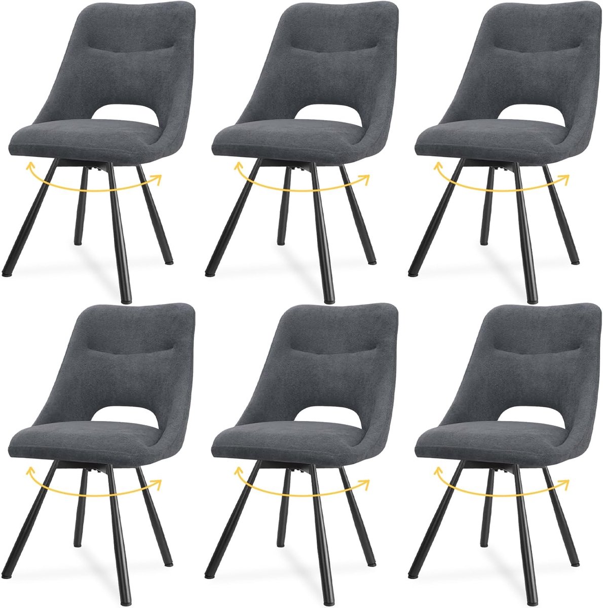 Draaibare Eetkamerstoelen Set van 6 46x48x86 cm – Luxe Ergonomische Kasjmier Stof Donkergrijs, 360° Draaistoel, Armless Comfort Keuken & Woonkamer Stoel – Premium Design Abkantoor