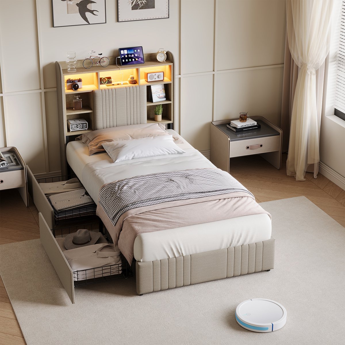 Eenpersoonsbed 90 x 200 cm, Jeugdbed met 2 lades, Houten lattenbodem, Kinderbed, Bed met opbergruimte, LED-verlichting, Beige linnen stof