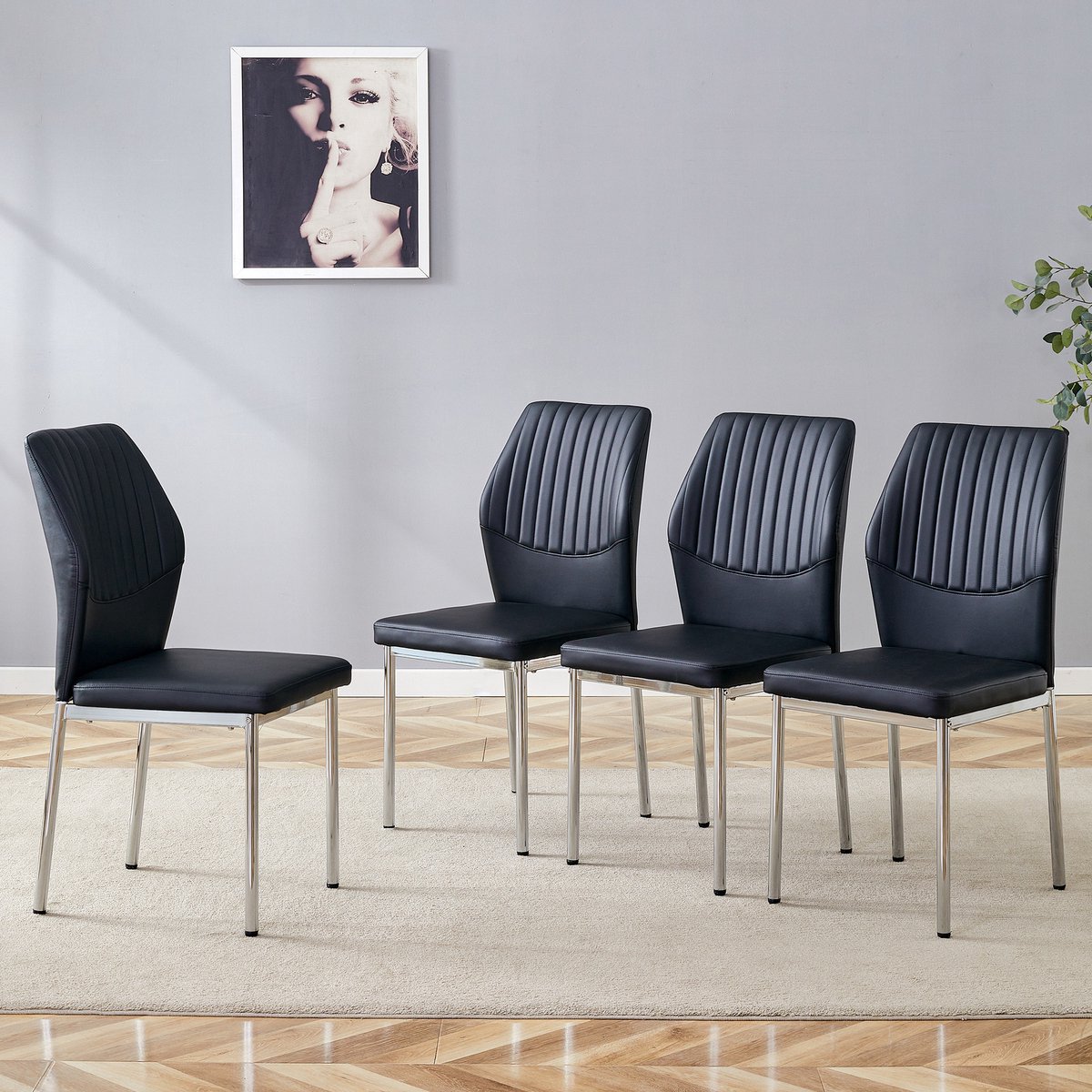 HAUSS SPOLE Eetkamerstoel Set Van 4 - Comfortabele Stoel Met Ribbel Rugleuning - Waterafstotend En Onderhoudsvriendelijk - Metaal Zilver Zwart Zwart+Zilver