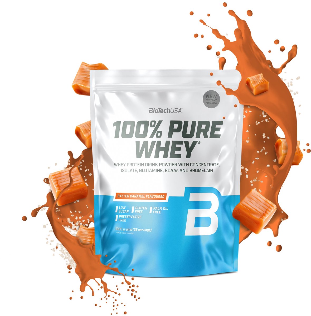 BioTechUSA 100% Pure Whey | Eiwitpoeder met BCAA en Glutamine | Glutenvrij, Palmolievrij | 21g Eiwit per portie, 1 kg, Gezouten karamel