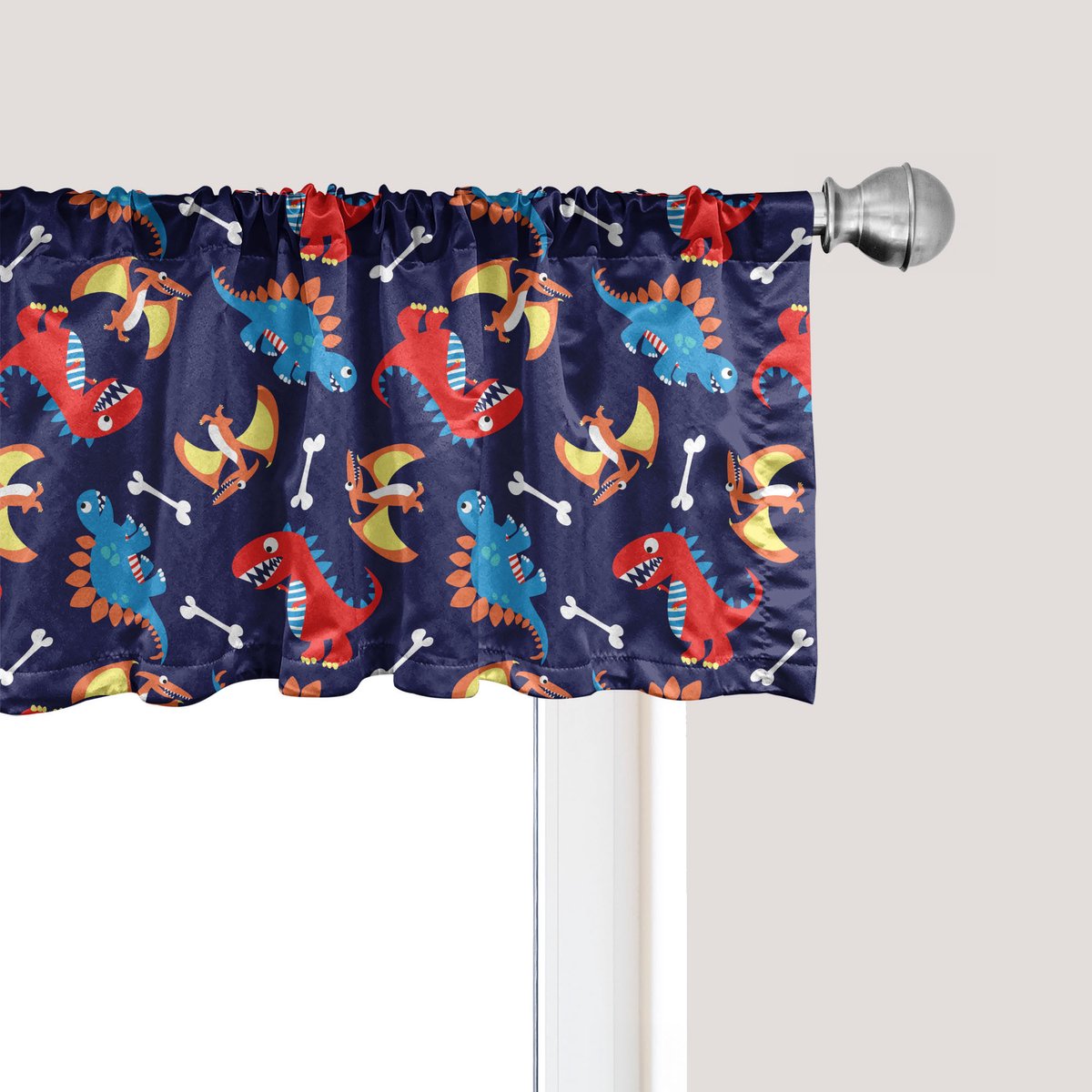 ABAKUHAUS Dinosaurus raamvalletje, gordijnvalletje voor keuken en slaapkamer met tunnelzoom, 137 cm x 30 cm, marineblauw-oranje rood
