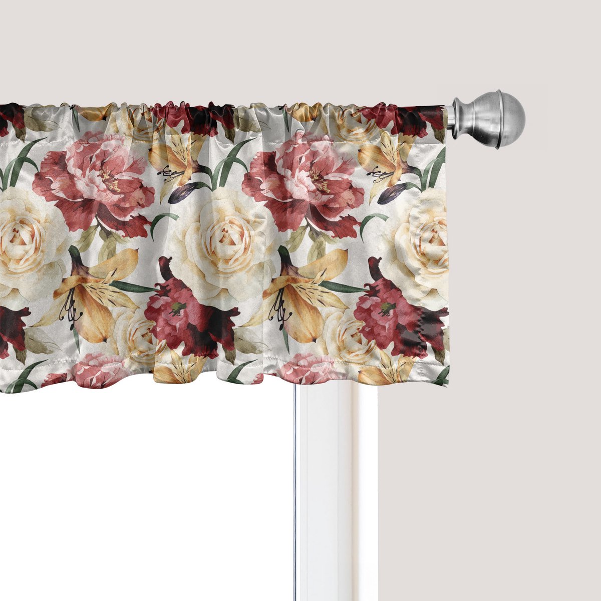 ABAKUHAUS Rozen Raamvalletje, Gordijnvalletje voor Keuken en Slaapkamer met Tunnelzoom, 137 cm x 30 cm, Gedroogde Rozen Crème Robijn