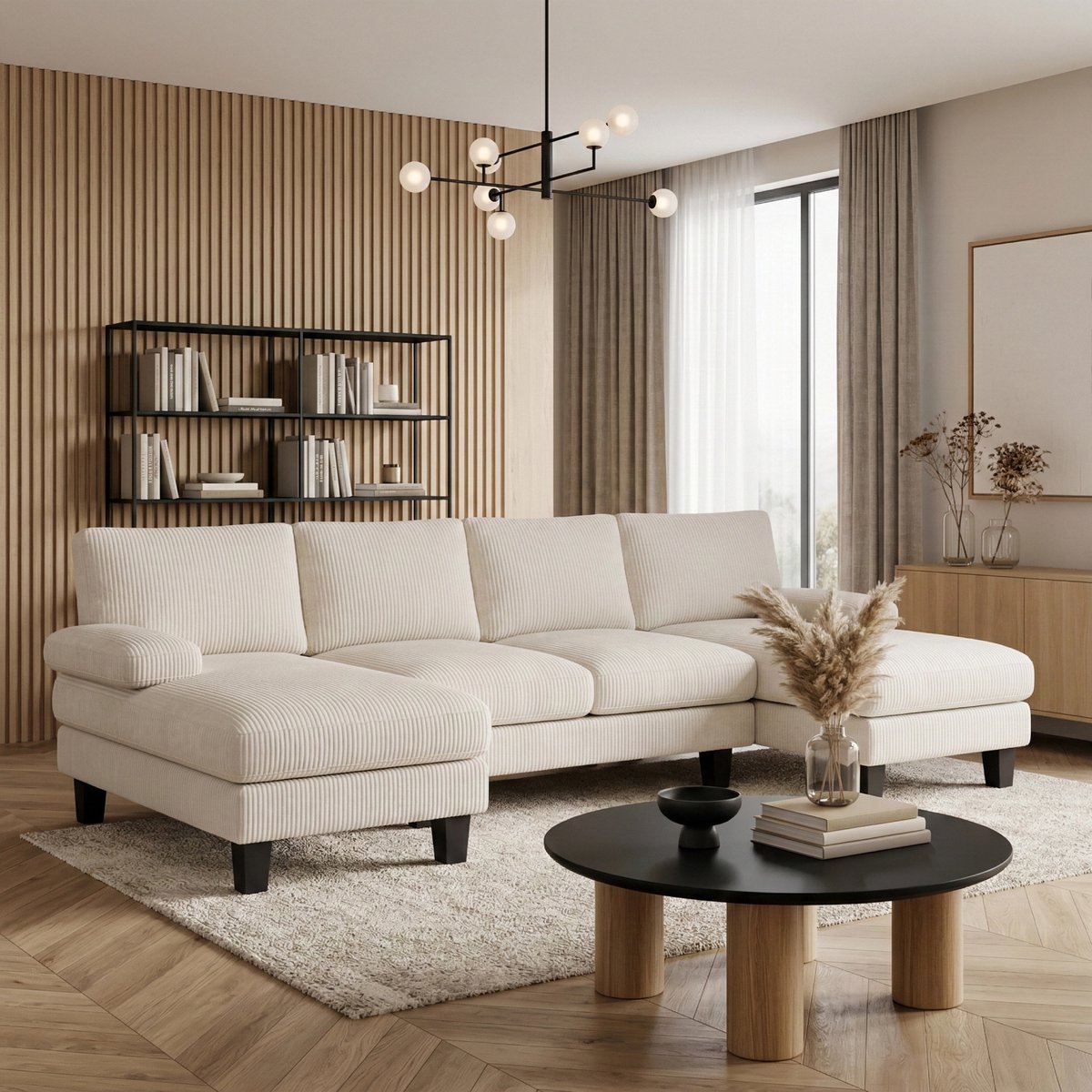 Bealife AR103 U-Banken - 4-Zits Hoekbanken met slaapfunctie & 2 Chaise Longues – Zacht ribcord – Voor Woonkamer - Beige
