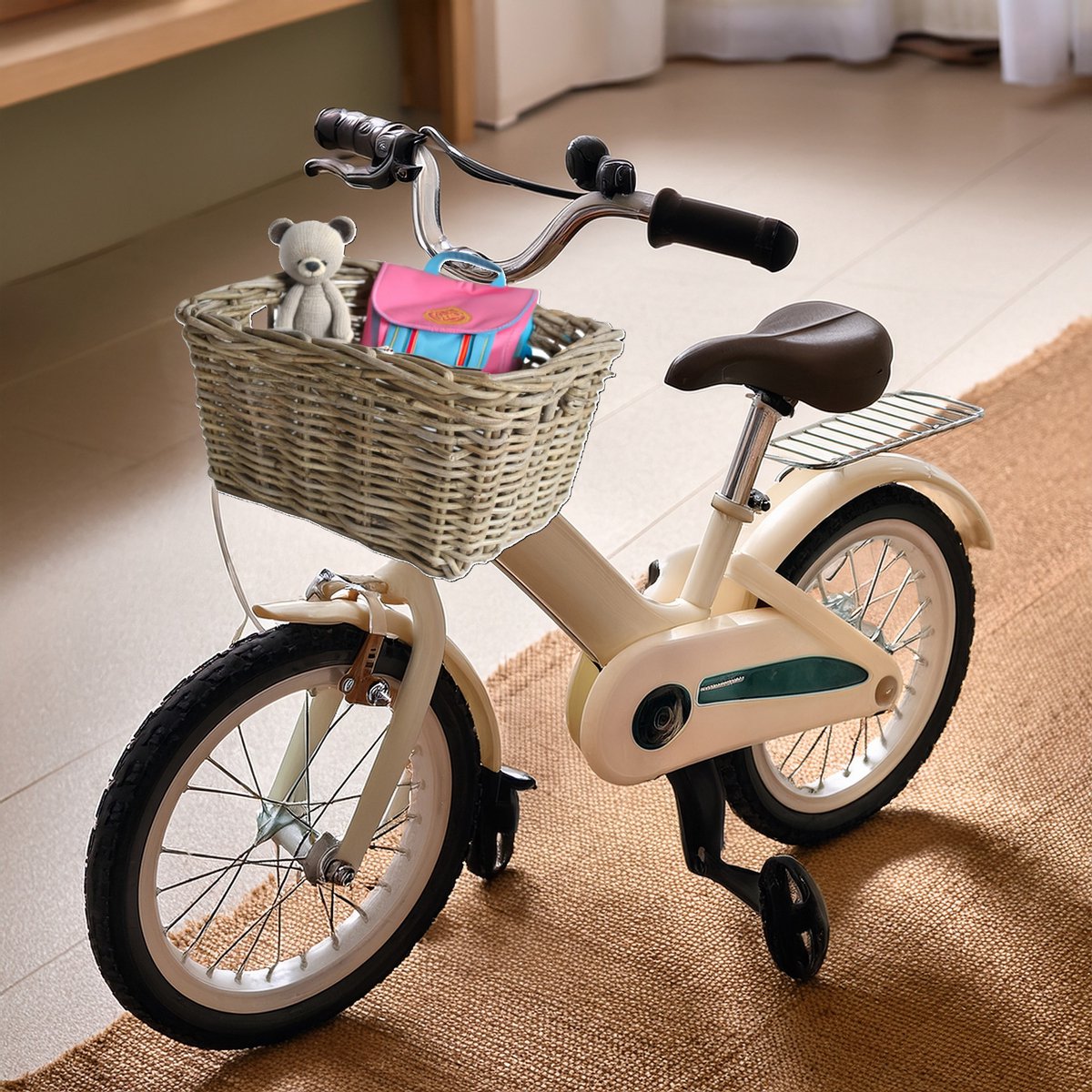 Van der Leeden Fietsmand kinderfiets - Bakkersmand - lichtbruin - 34 x 24 x 20 cm - gevlochten riet - bevestigen voorzijde