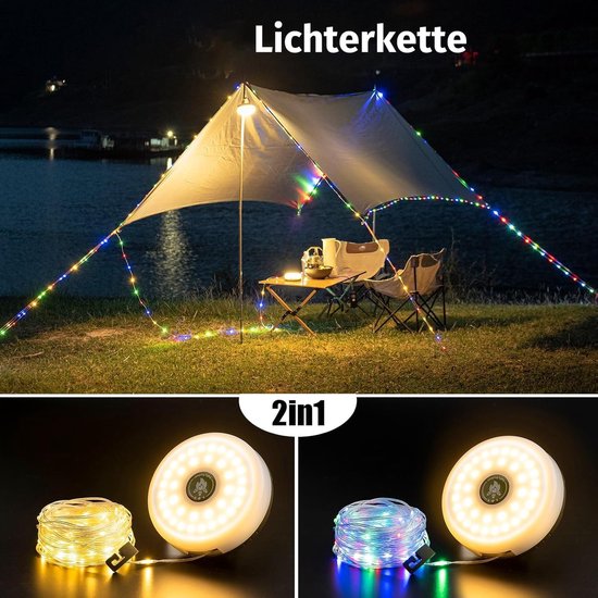 2-in-1 LED-campingverlichting - 10m Camping Decoratieve Lichtsnoer - Camping Lichtsnoer - Lichtsnoer buiten - Led Lamp Oplaadbaar - Waterdichte Buitenlamp - Kampeerlamp - Lampjes - Lampenslinger - Tentlamp - Warm licht en gekleurd licht — afbeelding 3