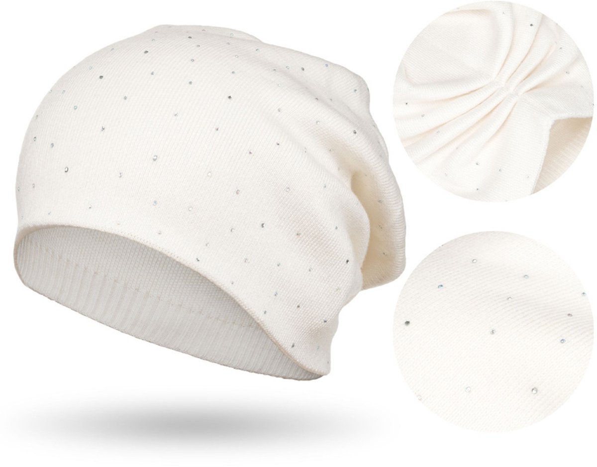 Peterson - Dames Wintermuts - Wit - Kristallen Versiering - Slouchy Stijl