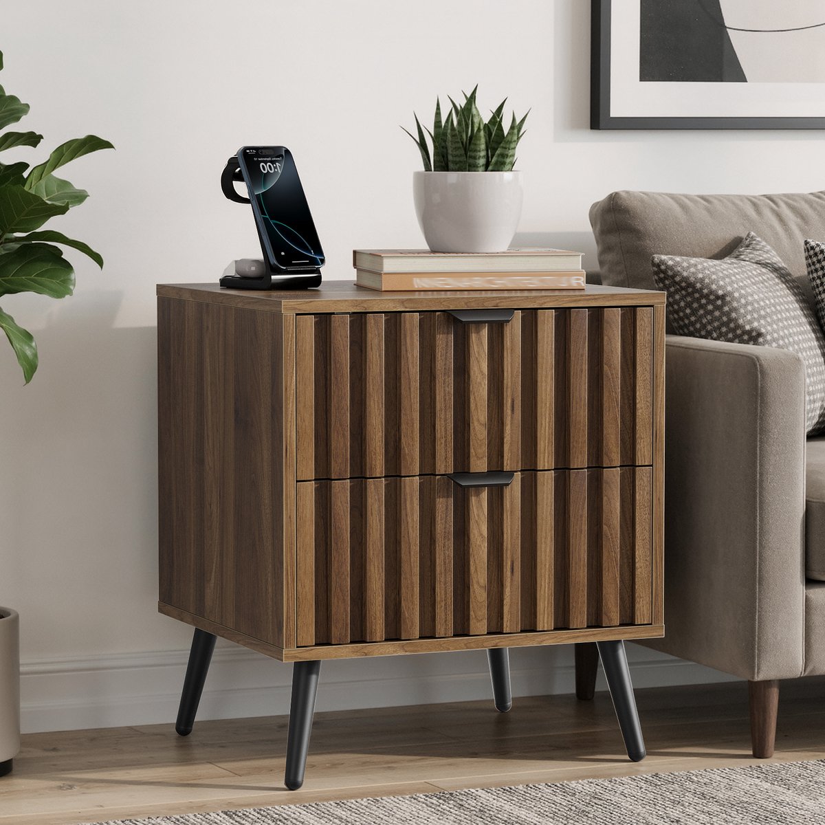 OKWISH Nachtkastje - Ingelegd Design - 2 Laden - Voor Slaapkamer En Woonkamer - MDF Walnoot En Zwart Metaal - 45x40x53 Cm