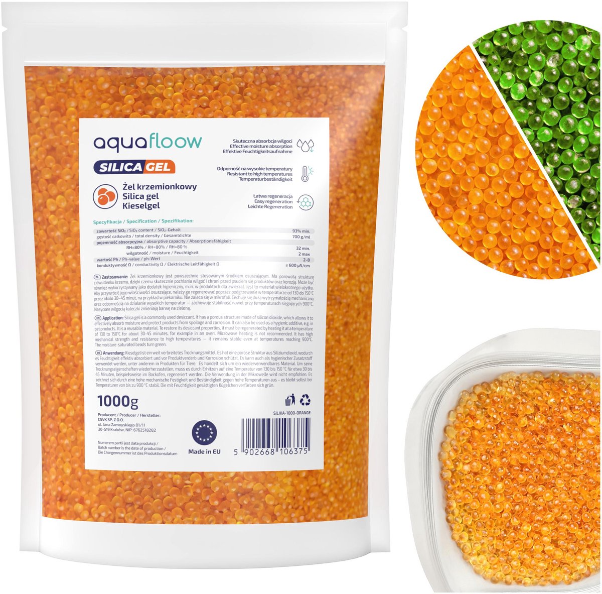 AquaFloow vochtabsorber - silicagel - granulaat - herbruikbaar - geurloos - voor drogen ruimtes, elektronische apparatuur - tegen corrosie - oranje - 1 kg