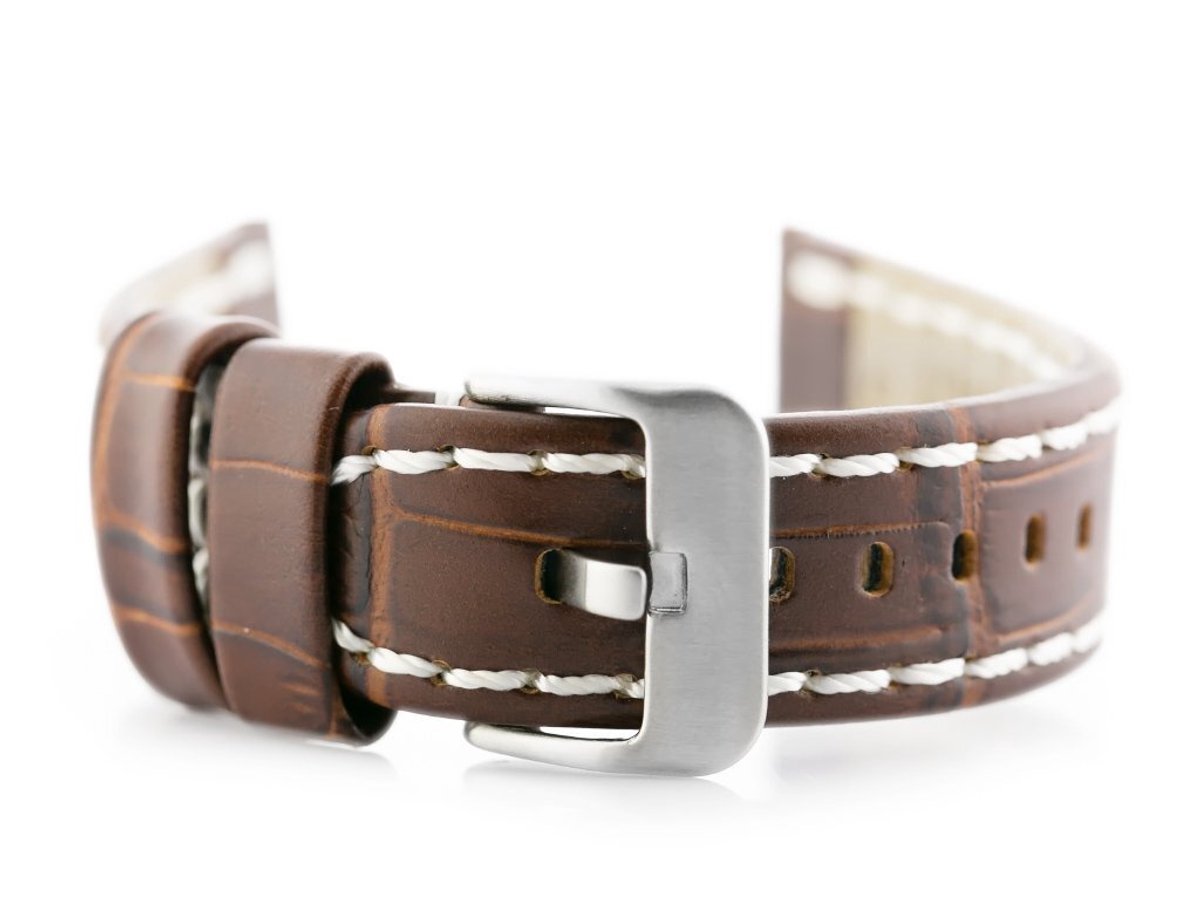 Pacific - Leren Horlogebandje - Donkerbruin - Witte Stiksels - 20mm