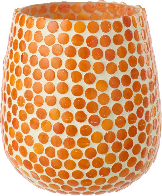 Grote oranje mozaïek kaarshouder, bedekt met ronde, oranje glasstukjes.