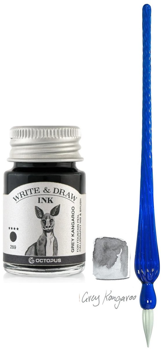 Glaspen - Glazen Dip Pen set in doosje - Blauw - Potje - Octopus - Vulpen inkt - grey kangeroo