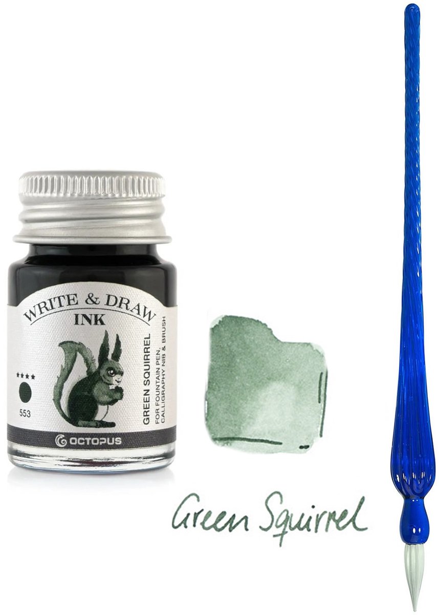 Glazen dip pen set in doosje - Blauw - Potje Octopus inkt green aquirrel