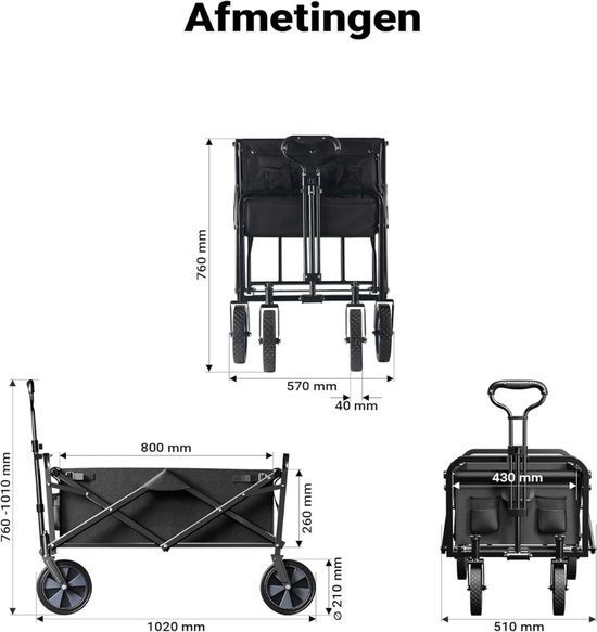 NBAP® Bolderkar Opvouwbaar Luchtbanden - Strandwagen - Bolderwagen - Zwart van Merkloos — afbeelding 5