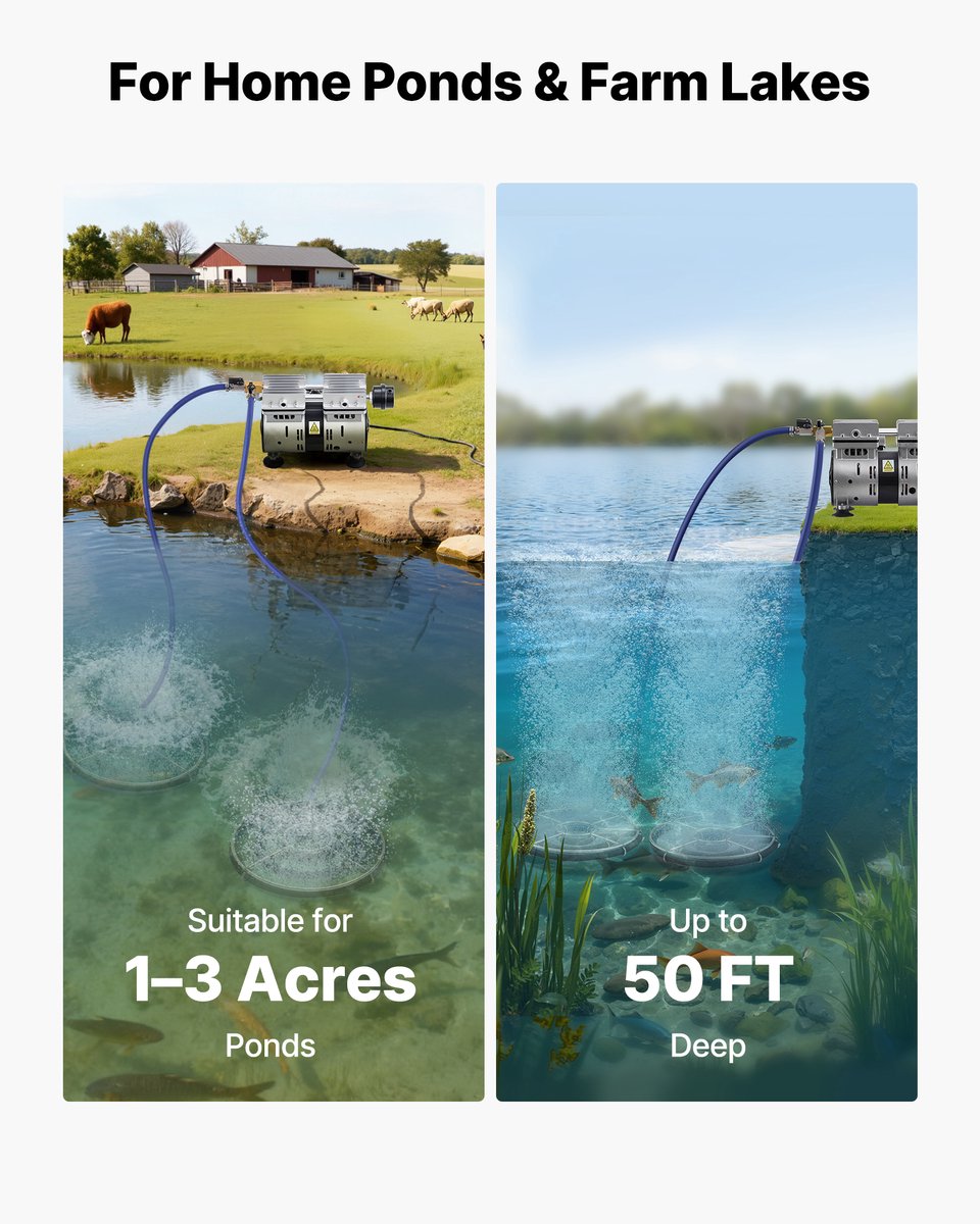 VEVOR Vijverbeluchter, Vijverbeluchtingssysteemset, Incl. 590W Luchtpomp, 30,5m Luchtslang, 2x360° Nano-diffusorplaten, Luchtcompressor voor Zuurstofcirculatie In Vijver en Watertuin — cadeau in Cadeau-ideeën - foto 5