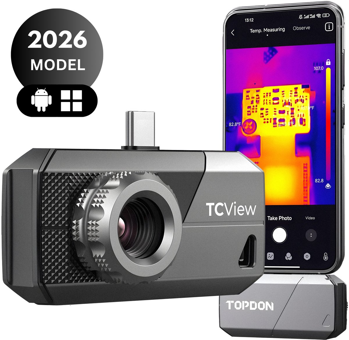 TOPDON TS001 – Warmtebeeldcamera – 256x192 IR Resolutie – 20~550℃ Warmte zicht– USB-C Aansluiting – Verlengkabel & Telefoonhouder – Geschikt voor Android Smartphones