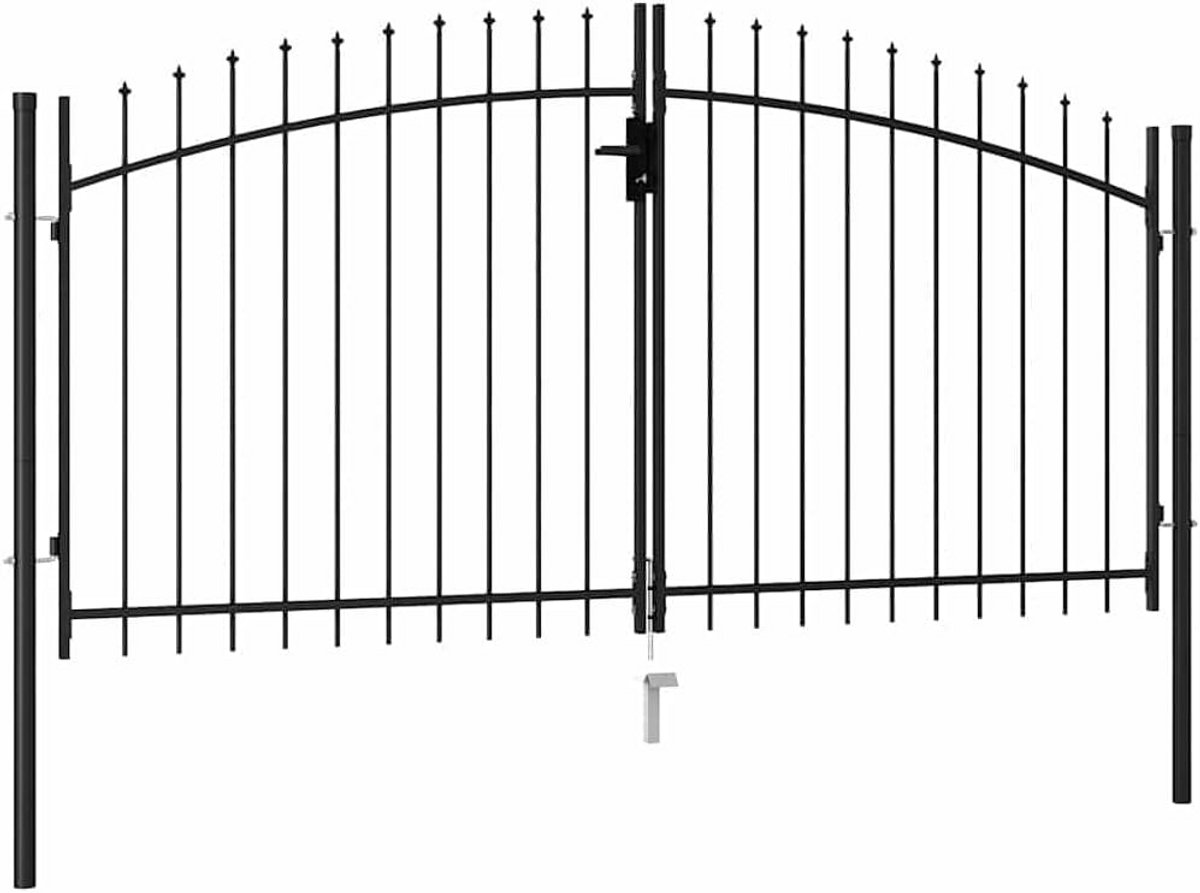 Dubbele Tuinpoort Staal Zwart 300x150 cm met Puntige Bovenzijde en Slot