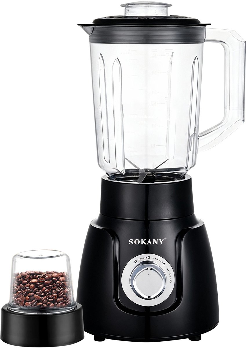 Sokany, Blender Mixer 2-in-1 500W 1.6L Ultra-Sterk met Maalmolen, Zwart