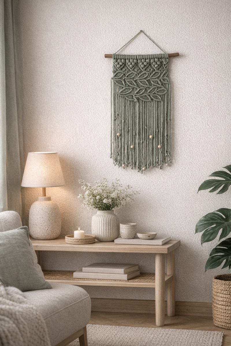 Blaadje , Macrame muur hanger, wandkleed, Macrame wandkleed - 159 mint groen