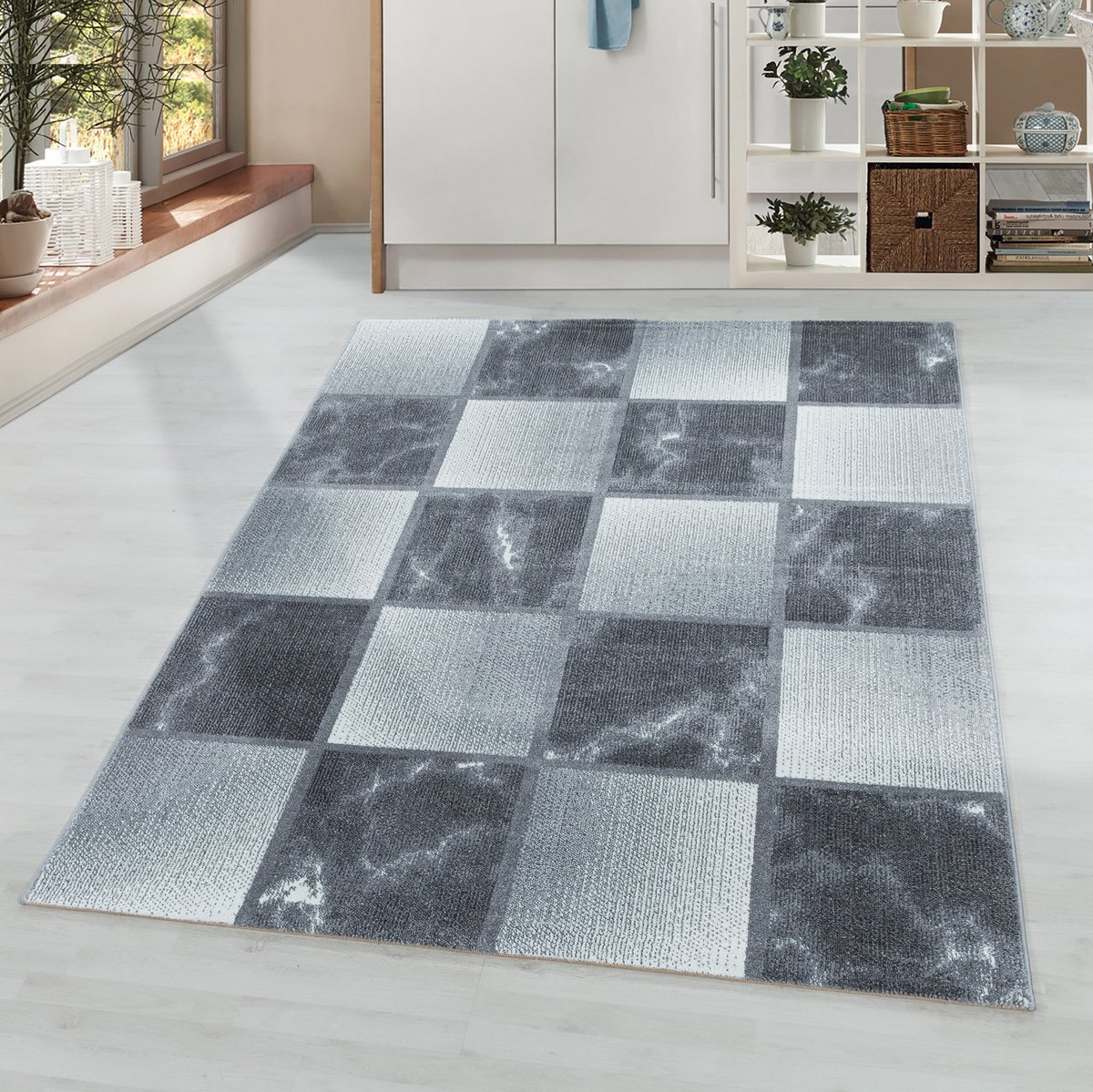 Laagpolig vloerkleed, geruit patroon, grijs, woonkamerkleed, jute achterkant, afmeting: 140 x 200 cm