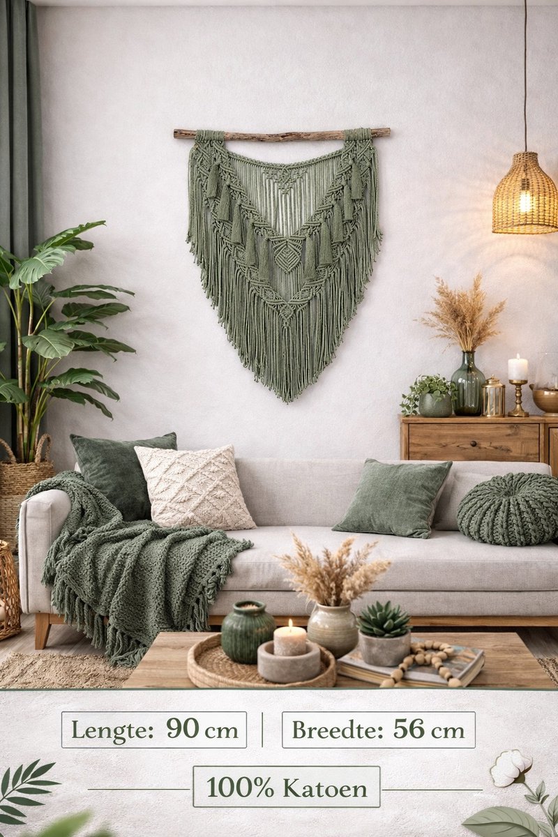 Grote Macrame muur opknoping Hanimeli - Home Decor - muur opknoping - Makramé muur - muur tapijt - Bukuri Decor - 159 mintgroen