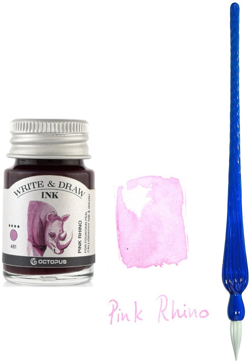 Glazen dip pen set in doosje - Blauw - Potje Octopus inkt pink rhino
