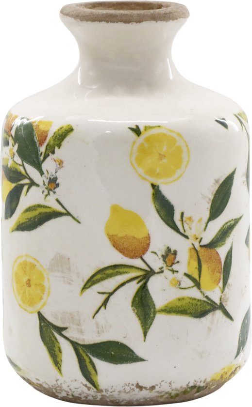 Chic Antique Limone Fles / Vaas met Citroenenmotief – Keramische Decoratie – Landelijke Sfeer