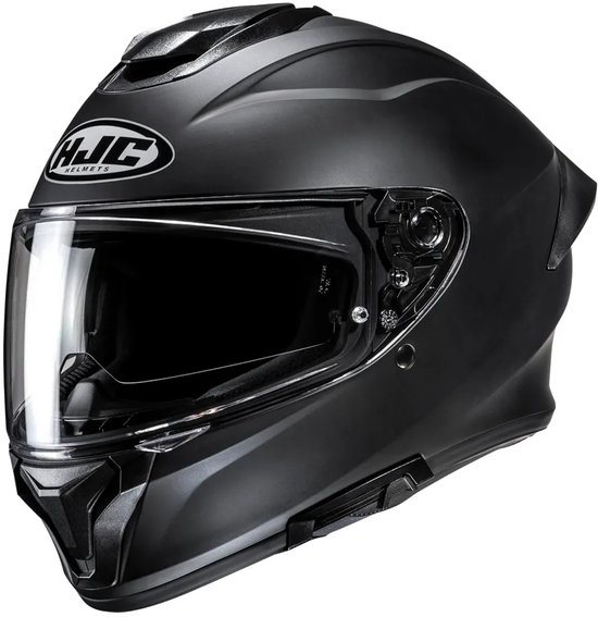 Matzwarte HJC motorhelm met helder vizier en het HJC logo op de zijkant.
