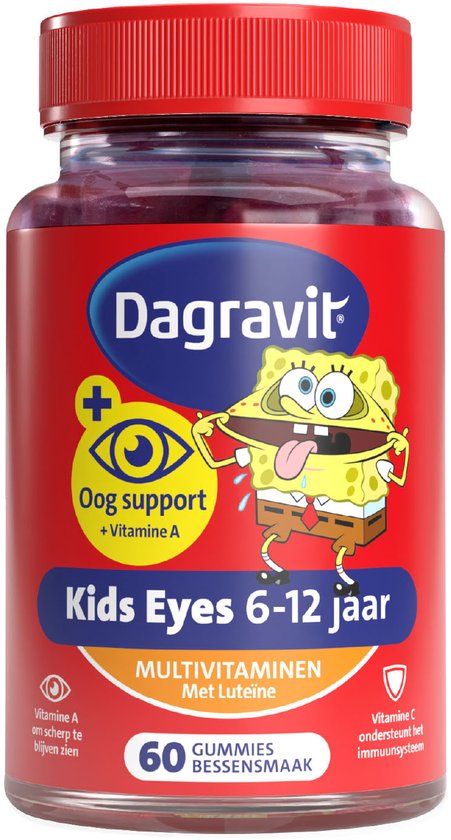 Dagravit Kids Eyes Multivitaminen met oogsupport - Multivitamine met vitaminen en mineralen - Met o.a. vitamine C en vitamine A ( luteïne) - Glutenvrij en lactosevrij - Bessensmaak - Spongebob - Leeftijd 6-12 jaar - 60 gummies