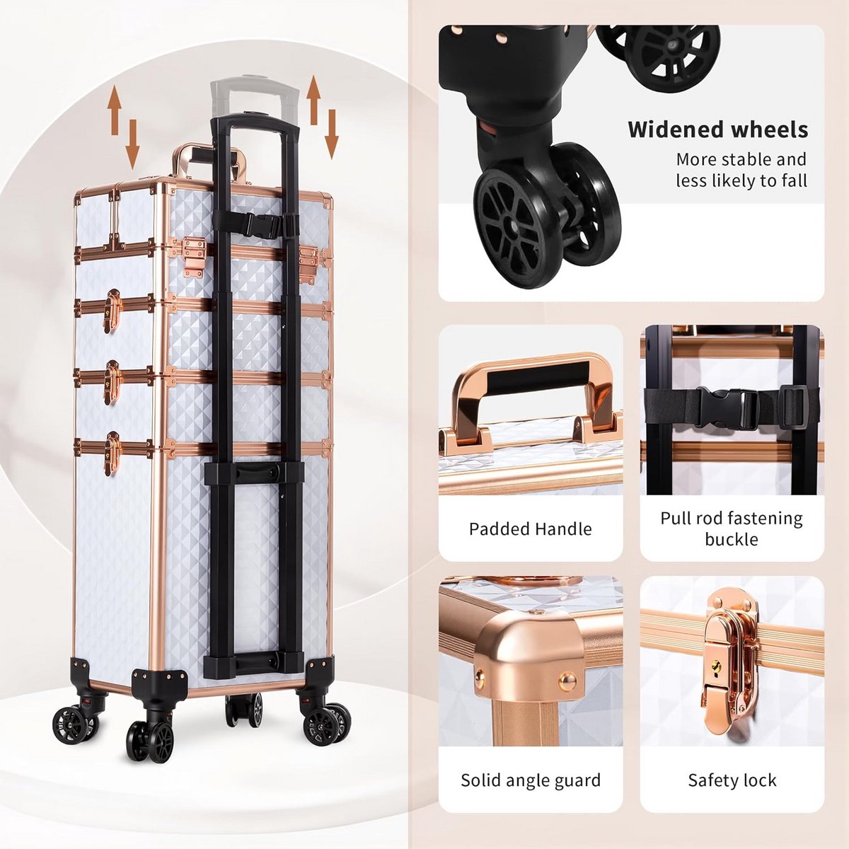 Professionele Rolende Make-up Koffer Trolley Grote Opslag Cosmetica Koffer 4-in-1