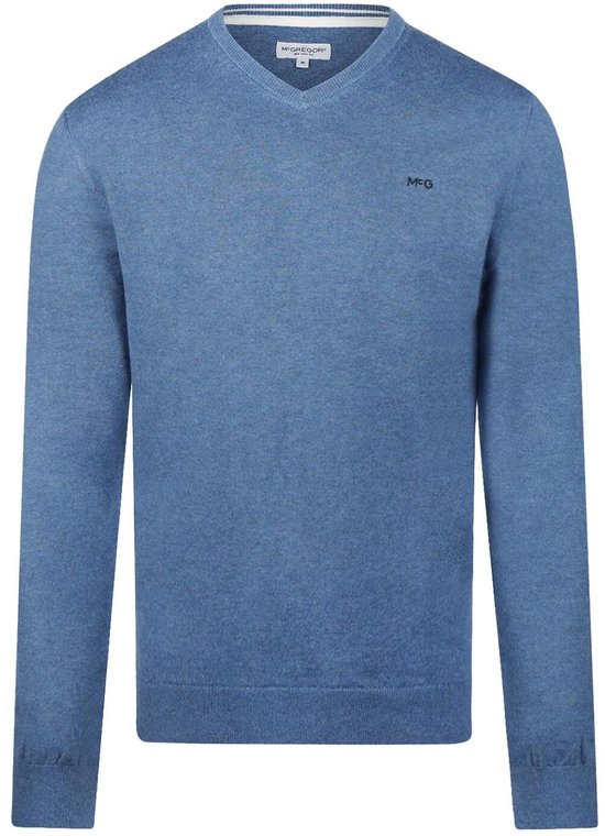 Blauwe McGregor V-hals trui met gestreept detail in de kraag en 'McG' logo.