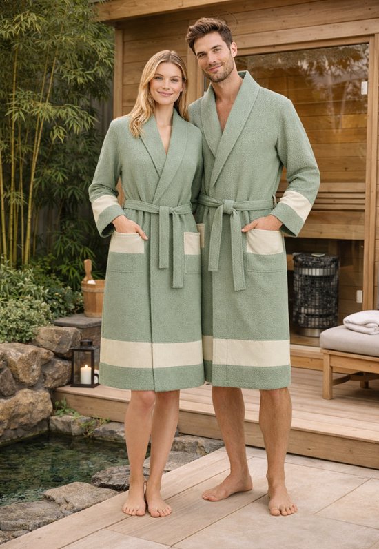 Peshtemal badjas hamam – sauna badjas - 100% hoogwaardig katoen – sneldrogend & lichtgewicht – zomer | ochtendjas - unisex hamam badjas - groen - maat S/M