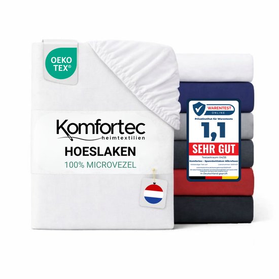 Stapel witte, donkerblauwe, grijze, rode en zwarte hoeslakens. Met OEKO-TEX label en Warentest 'SEHR GUT'.