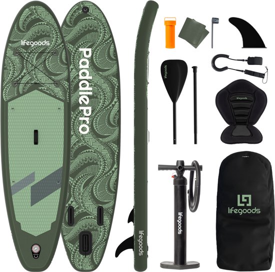 LifeGoods SUP Board Allround Compact - met Zitje - 120 KG Draagkracht - 300 x 76 cm - Opblaasbaar - Compleet SUP pakket - Groen/Legergroen