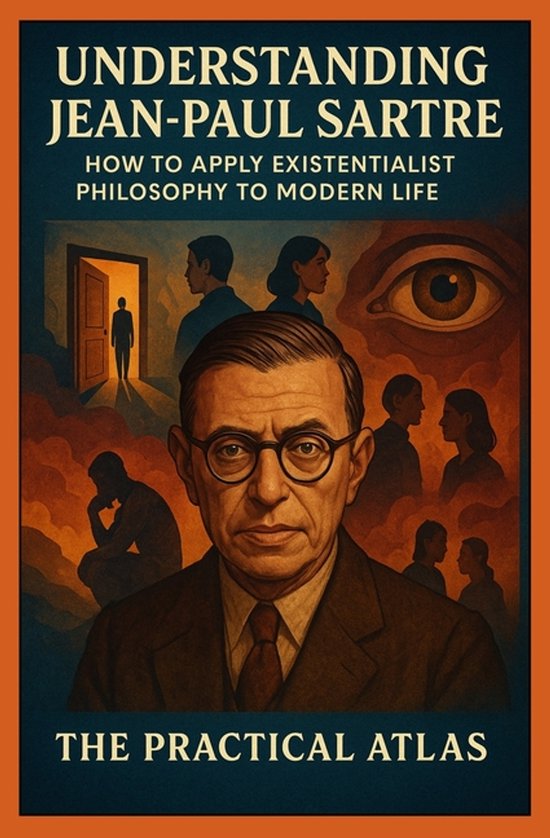 Boekomslag: Portret van Jean-Paul Sartre met bril, omringd door silhouetten van mensen en een groot oog in warme tinten.