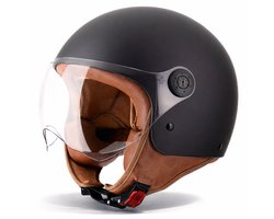VINZ Duoro Elite Jethelm - Scooterhelm, Motorhelm, Brommerhelm - Luxe Bruine Binnenvoering - ECE Goedgekeurd - Mat Zwart - M
