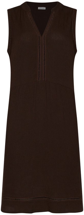 Robe marron sans manches avec un décolleté en V, des détails en dentelle sur la poitrine, la taille et l'ourlet.
