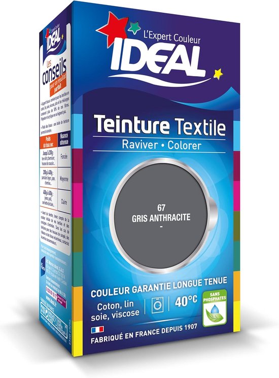 Boîte 'Teinture Textile Raviver Coloreur' avec le texte '67 GRIS ANTHRACITE'.