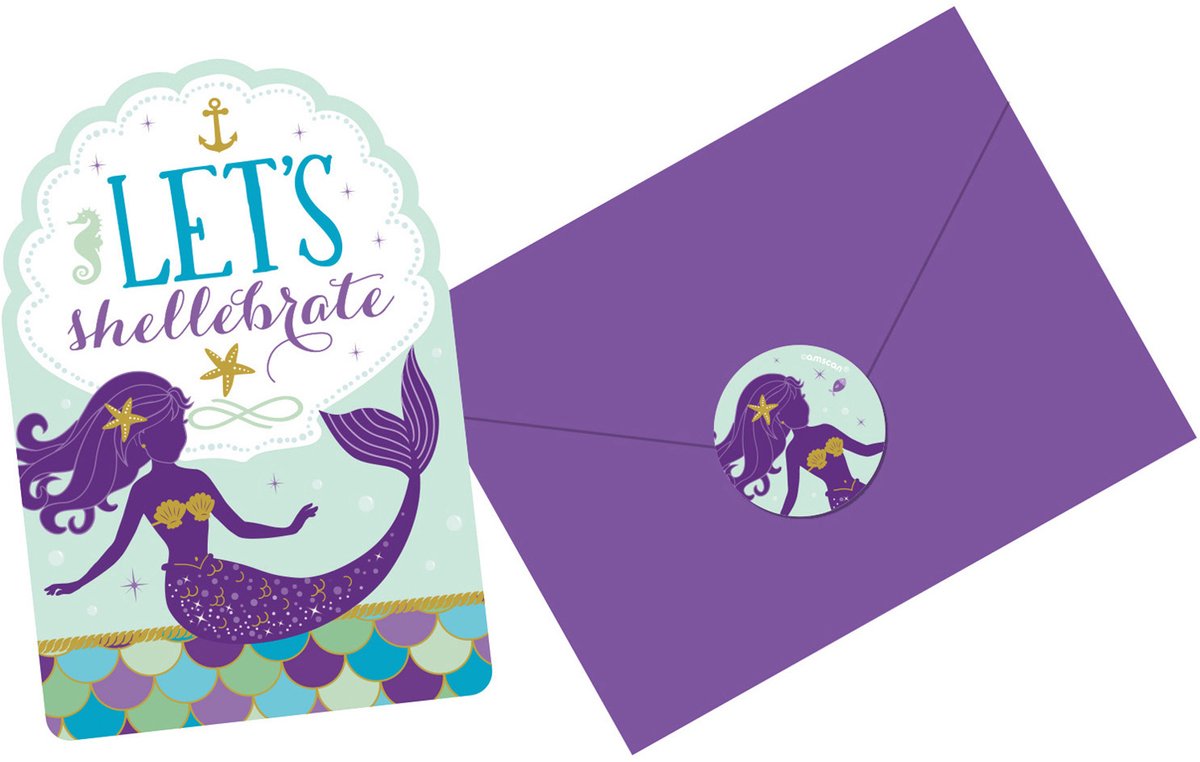 8 Invitations & Envelopes Mermaid Wishes