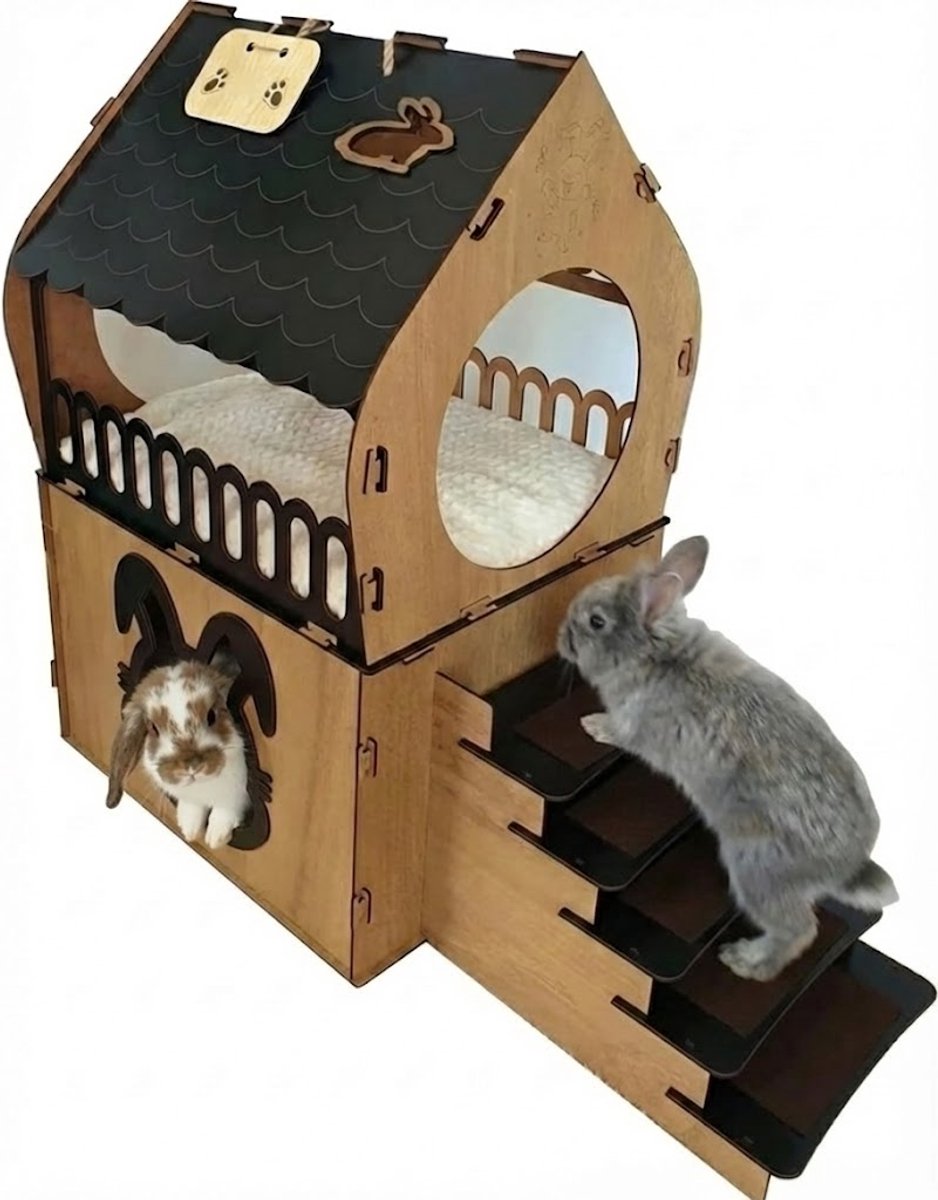 Konijnenhuis – Konijnenverblijf – Dierenhuis – Konijnenhuis van MDF – 2 Lagen – Met Trap – 67x70x40cm – Konijnenmeubel Binnen – Konijnenhuisje – Konijnenhok
