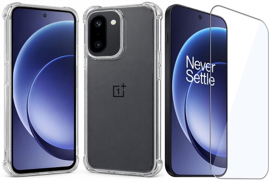 Ensemble d'une coque de téléphone transparente aux coins renforcés et d'un protecteur d'écran pour OnePlus.