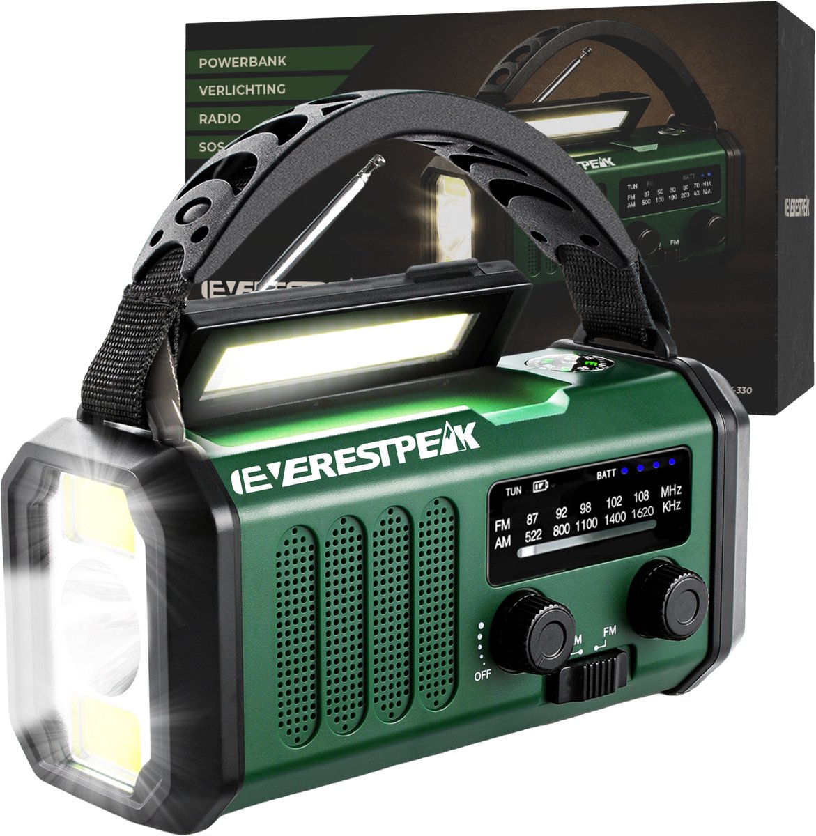 EverestPeak® Noodradio Army Green - Solar Opwindbaar - 10.000mAh - Solar powerbank - Survival Noodpakket